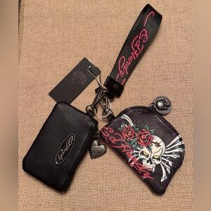 Ed Hardy Black Wristlet Keychain with Red Rose Skull Pouch